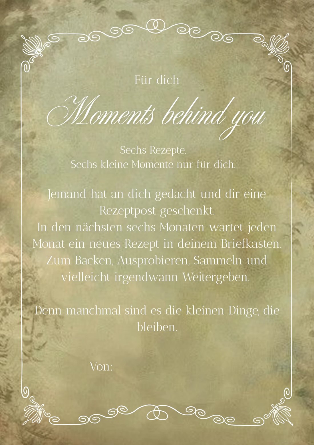 Geschenkkarte: Für dich, Moments behind you. Sechs Rezepte, sechs kleine Momente nur für dich.
